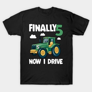 Kids Finally 5 5th Birthday Gift Boy Tractor T-Shirt